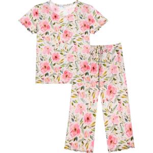 imageEkouaer Womens Pajamas Set Short Sleeve Sleepwear 2 Piece Round Neck Top Capri Pants Lounge Wear with PocketsWhitePink Flower