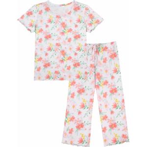 imageEkouaer Womens Pajamas Set Short Sleeve Sleepwear 2 Piece Round Neck Top Capri Pants Lounge Wear with PocketsWhiteRed Flower