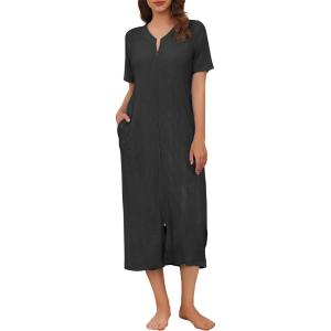 imageEkouaer Zip Up Robe for Women Long Housecoat Waffle Knit Bathrobes Cozy Full Length Nightgown with Pockets S4XLBlack