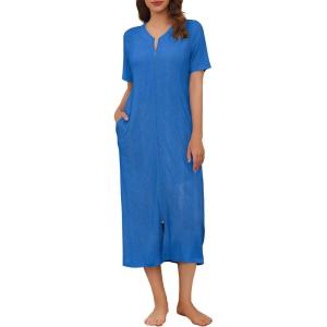 imageEkouaer Zip Up Robe for Women Long Housecoat Waffle Knit Bathrobes Cozy Full Length Nightgown with Pockets S4XLBlue