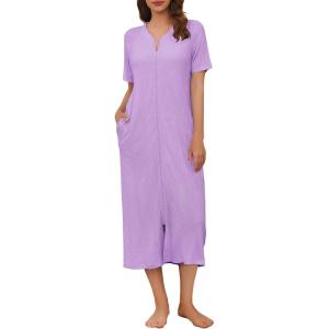 imageEkouaer Zip Up Robe for Women Long Housecoat Waffle Knit Bathrobes Cozy Full Length Nightgown with Pockets S4XLLavender