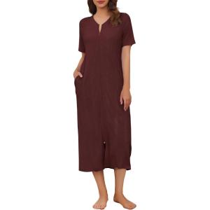 imageEkouaer Zip Up Robe for Women Long Housecoat Waffle Knit Bathrobes Cozy Full Length Nightgown with Pockets S4XLWine Red