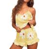 imageEkouaer Satin Pajama Set for Women 2 Piece Camisole Top and Shorts Silk Lingerie with Ruffle Floral NightwearYellow Flower