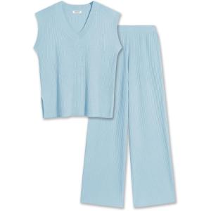 imageEkouaer Lounge Sets for Women 2 Piece Outfits Knit Cap Sleeve PJ Tops Long Pajama Pants Casual Sweater SetLight Blue