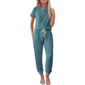 imageEkouaer Lounge Sets for Women 2 Piece Pjs Short Sleeve Pajamas Set Joggers Pants Sleepwear Soft Outfits SXXLBlue Green