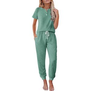 imageEkouaer Lounge Sets for Women 2 Piece Pjs Short Sleeve Pajamas Set Joggers Pants Sleepwear Soft Outfits SXXLGrey Green