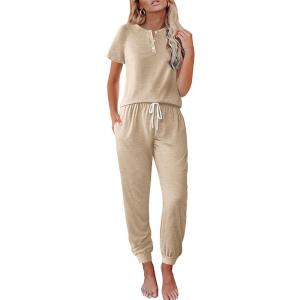 imageEkouaer Lounge Sets for Women 2 Piece Pjs Short Sleeve Pajamas Set Joggers Pants Sleepwear Soft Outfits SXXLKhaki