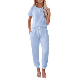 imageEkouaer Lounge Sets for Women 2 Piece Pjs Short Sleeve Pajamas Set Joggers Pants Sleepwear Soft Outfits SXXLLight Blue