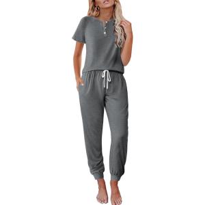 imageEkouaer Lounge Sets for Women 2 Piece Pjs Short Sleeve Pajamas Set Joggers Pants Sleepwear Soft Outfits SXXLMedium Grey