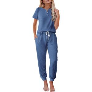 imageEkouaer Lounge Sets for Women 2 Piece Pjs Short Sleeve Pajamas Set Joggers Pants Sleepwear Soft Outfits SXXLNavy Blue