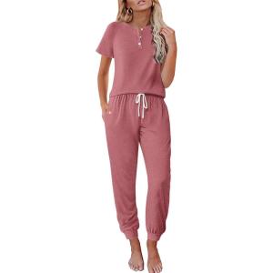 imageEkouaer Lounge Sets for Women 2 Piece Pjs Short Sleeve Pajamas Set Joggers Pants Sleepwear Soft Outfits SXXLOld Rose