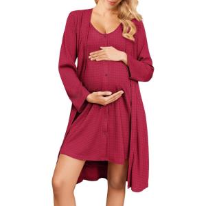 imageEkouaer Maternity Nursing Gown and Robe Set 2 Piece Waffle Breastfeeding Nightgown 3 in 1 Labor and Delivery Hospital GownDark Red