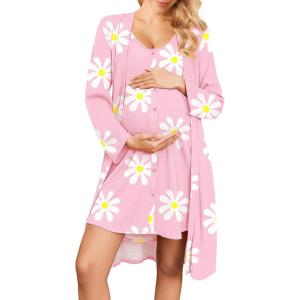 imageEkouaer Maternity Nursing Gown and Robe Set 2 Piece Waffle Breastfeeding Nightgown 3 in 1 Labor and Delivery Hospital GownPink Floral