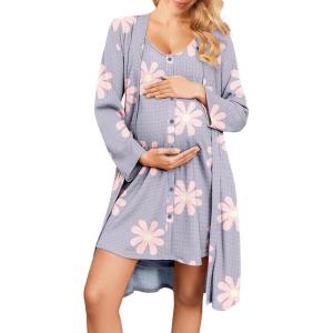 imageEkouaer Maternity Nursing Gown and Robe Set 2 Piece Waffle Breastfeeding Nightgown 3 in 1 Labor and Delivery Hospital GownPurple Floral