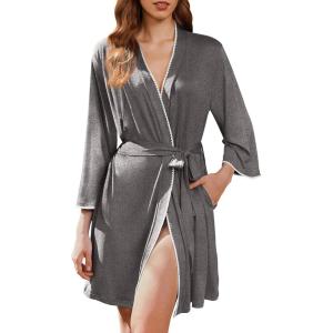 imageEkouaer Robes for Women Knee Length Kimono Bathrobe 34 Sleeve Sleep Robe Cozy Sleepwear with Pockets SXXLDark Gray