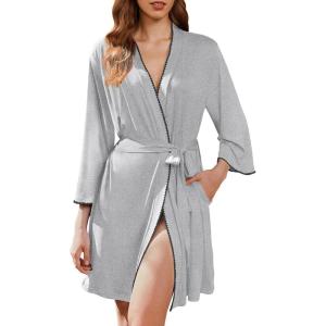 imageEkouaer Robes for Women Knee Length Kimono Bathrobe 34 Sleeve Sleep Robe Cozy Sleepwear with Pockets SXXLLight Gray