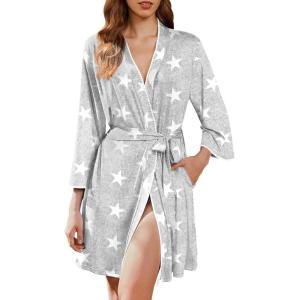 imageEkouaer Robes for Women Knee Length Kimono Bathrobe 34 Sleeve Sleep Robe Cozy Sleepwear with Pockets SXXLLight Gray Star