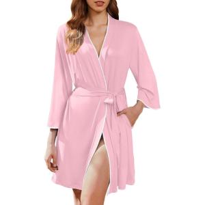 imageEkouaer Robes for Women Knee Length Kimono Bathrobe 34 Sleeve Sleep Robe Cozy Sleepwear with Pockets SXXLPink