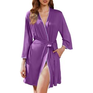 imageEkouaer Robes for Women Knee Length Kimono Bathrobe 34 Sleeve Sleep Robe Cozy Sleepwear with Pockets SXXLPurple