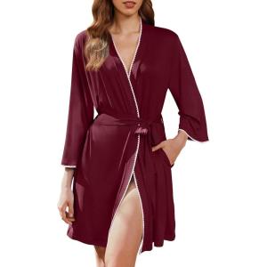 imageEkouaer Robes for Women Knee Length Kimono Bathrobe 34 Sleeve Sleep Robe Cozy Sleepwear with Pockets SXXLWine Red