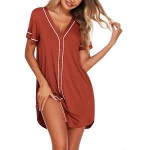 imageEkouaer Womens Nightgown Button Down Sleep Shirts Short Sleeve Nightshirt VNeck Sleepdress Soft SleepwerChocolate