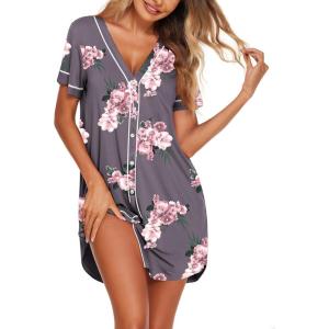 imageEkouaer Womens Nightgown Button Down Sleep Shirts Short Sleeve Nightshirt VNeck Sleepdress Soft SleepwerGrey Flower