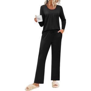 imageEkouaer Womens Pajama Sets 2 Piece Lounge Outfits Soft Long Sleeve Ladies Pjs Loungewear Top and Pants with Pocket SleepwearBlack