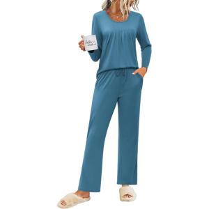 imageEkouaer Womens Pajama Sets 2 Piece Lounge Outfits Soft Long Sleeve Ladies Pjs Loungewear Top and Pants with Pocket SleepwearBlue Green