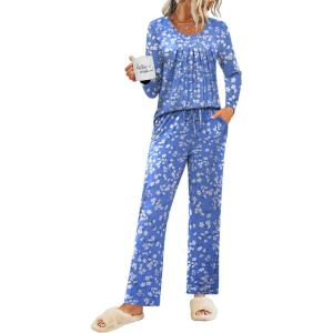 imageEkouaer Womens Pajama Sets 2 Piece Lounge Outfits Soft Long Sleeve Ladies Pjs Loungewear Top and Pants with Pocket SleepwearBluewihte Flower