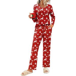 imageEkouaer Womens Pajama Sets 2 Piece Lounge Outfits Soft Long Sleeve Ladies Pjs Loungewear Top and Pants with Pocket SleepwearChristmas Red