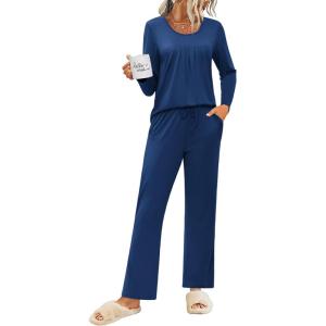 imageEkouaer Womens Pajama Sets 2 Piece Lounge Outfits Soft Long Sleeve Ladies Pjs Loungewear Top and Pants with Pocket SleepwearCobalt Blue