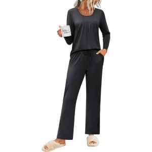 imageEkouaer Womens Pajama Sets 2 Piece Lounge Outfits Soft Long Sleeve Ladies Pjs Loungewear Top and Pants with Pocket SleepwearDark Grey