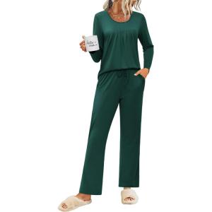 imageEkouaer Womens Pajama Sets 2 Piece Lounge Outfits Soft Long Sleeve Ladies Pjs Loungewear Top and Pants with Pocket SleepwearGreen