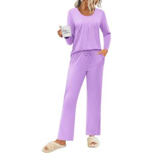 imageEkouaer Womens Pajama Sets 2 Piece Lounge Outfits Soft Long Sleeve Ladies Pjs Loungewear Top and Pants with Pocket SleepwearLilac