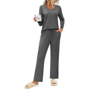 imageEkouaer Womens Pajama Sets 2 Piece Lounge Outfits Soft Long Sleeve Ladies Pjs Loungewear Top and Pants with Pocket SleepwearMgrey