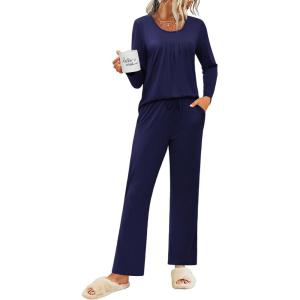 imageEkouaer Womens Pajama Sets 2 Piece Lounge Outfits Soft Long Sleeve Ladies Pjs Loungewear Top and Pants with Pocket SleepwearNavy Blue