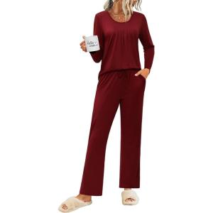 imageEkouaer Womens Pajama Sets 2 Piece Lounge Outfits Soft Long Sleeve Ladies Pjs Loungewear Top and Pants with Pocket SleepwearWine Red