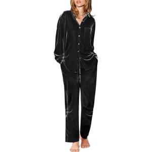 imageEkouaer Womens Velvet Pajamas Set Long Sleeve Button Up Sleepwear Soft 2 Piece Loungewear Pj SetBlack