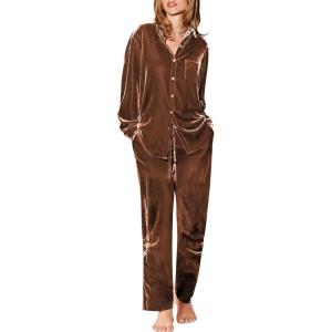 imageEkouaer Womens Velvet Pajamas Set Long Sleeve Button Up Sleepwear Soft 2 Piece Loungewear Pj SetBrown