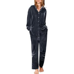 imageEkouaer Womens Velvet Pajamas Set Long Sleeve Button Up Sleepwear Soft 2 Piece Loungewear Pj SetDark Grey