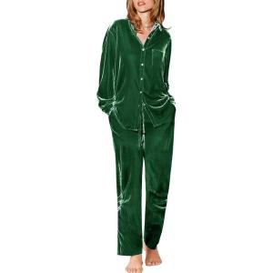 imageEkouaer Womens Velvet Pajamas Set Long Sleeve Button Up Sleepwear Soft 2 Piece Loungewear Pj SetGreen