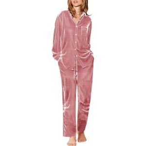 imageEkouaer Womens Velvet Pajamas Set Long Sleeve Button Up Sleepwear Soft 2 Piece Loungewear Pj SetLight Pink