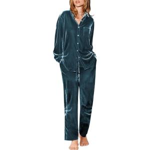 imageEkouaer Womens Velvet Pajamas Set Long Sleeve Button Up Sleepwear Soft 2 Piece Loungewear Pj SetPeacock Blue