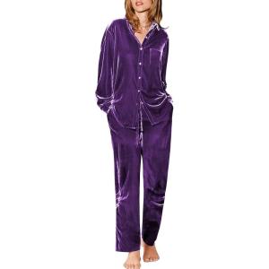 imageEkouaer Womens Velvet Pajamas Set Long Sleeve Button Up Sleepwear Soft 2 Piece Loungewear Pj SetPurple