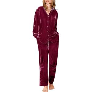 imageEkouaer Womens Velvet Pajamas Set Long Sleeve Button Up Sleepwear Soft 2 Piece Loungewear Pj SetWine Red