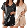 imageEkouaer 2 Pack Silk Pajamas for Women Short Sleeve Satin Pj Set Soft V neck Sleepwear Loungewear SXXLBlackchampagne