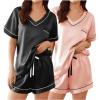 imageEkouaer 2 Pack Silk Pajamas for Women Short Sleeve Satin Pj Set Soft V neck Sleepwear Loungewear SXXLBlacklight Pink