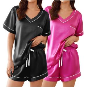 imageEkouaer 2 Pack Silk Pajamas for Women Short Sleeve Satin Pj Set Soft V neck Sleepwear Loungewear SXXLBlackrose Red