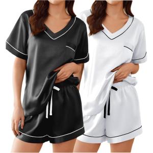 imageEkouaer 2 Pack Silk Pajamas for Women Short Sleeve Satin Pj Set Soft V neck Sleepwear Loungewear SXXLBlackwhite