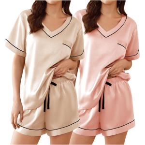 imageEkouaer 2 Pack Silk Pajamas for Women Short Sleeve Satin Pj Set Soft V neck Sleepwear Loungewear SXXLChampagnelight Pink